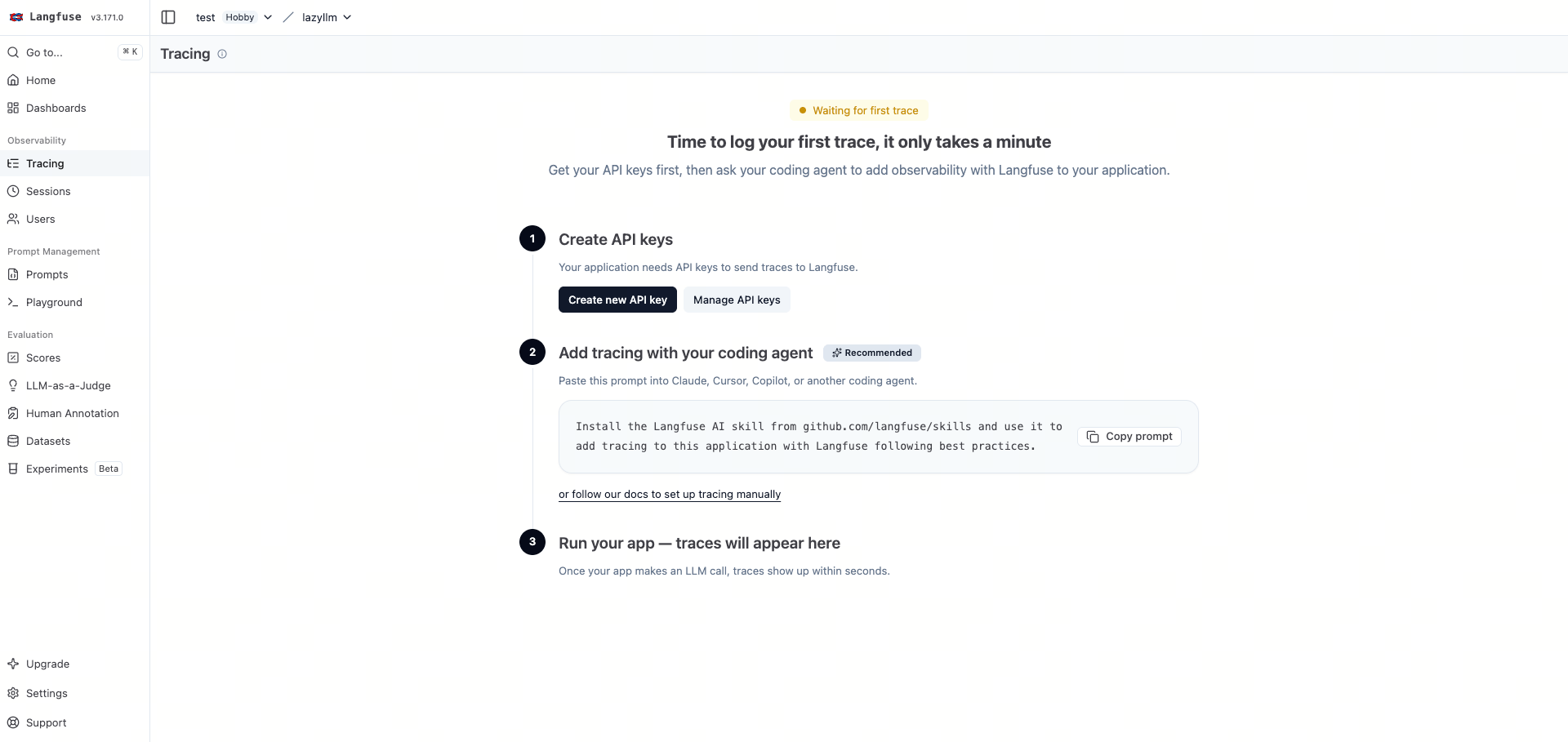 Langfuse API key page